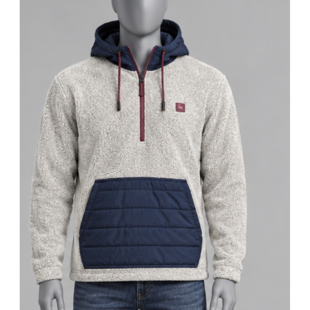 Billabong Adventure Division Mens Large Sherpa Fleece Half Zip Hoodie Cream Navy